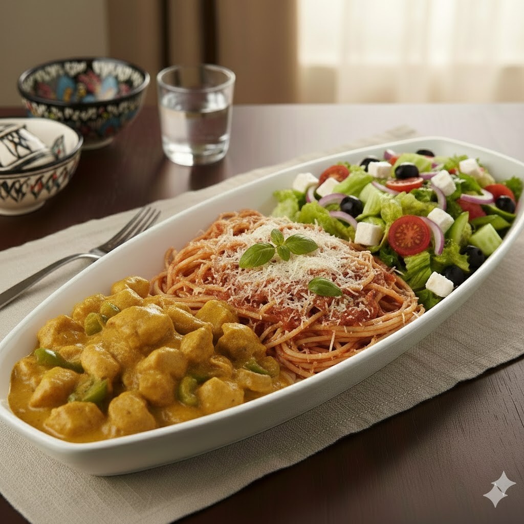 Köri soslu Tavuk & Makarna & Salata