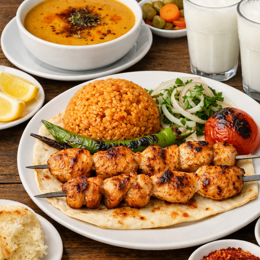 Tavuk porsiyon+çorba+pilav+ayran+ekmek+salata