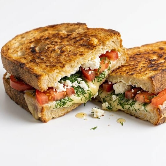 Ayvalık Ekmeğine Dereotlu Beyaz Peynirli Domatesli Tost