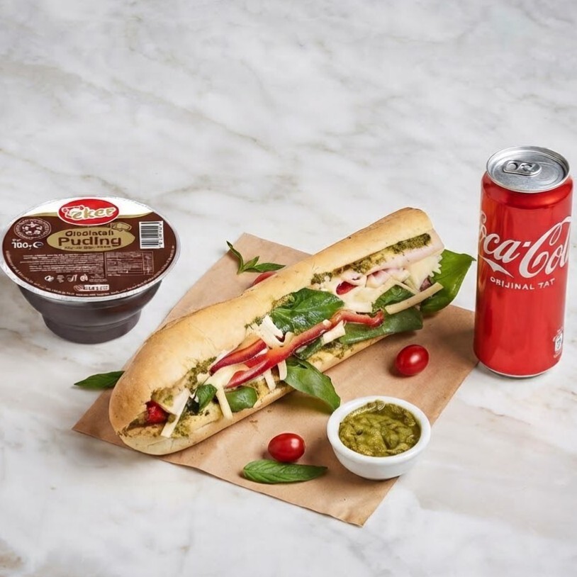 Pestolu Hindili Kallavi + Eker Çikolatalı Puding + Coca Cola 330 ml