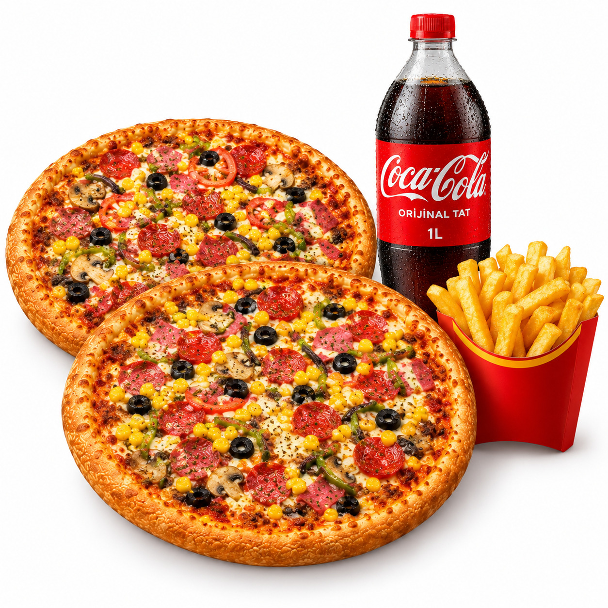 🍕🍟🥤2Adet Orta Boy Karışık Pizza + Kola (1 L) + Patates Kızartması
