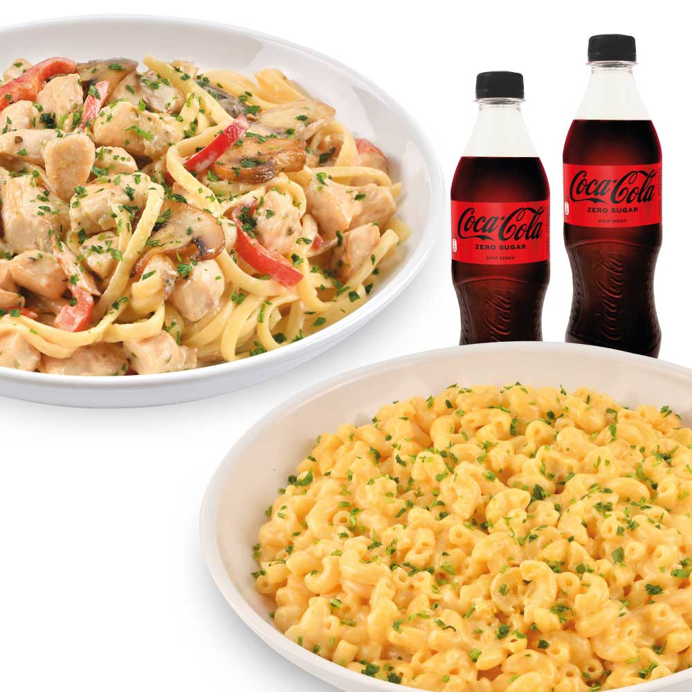 Mantar Soslu Tavuklu Makarnam + Üç Peynirli Makarnam+ 2 İçecek