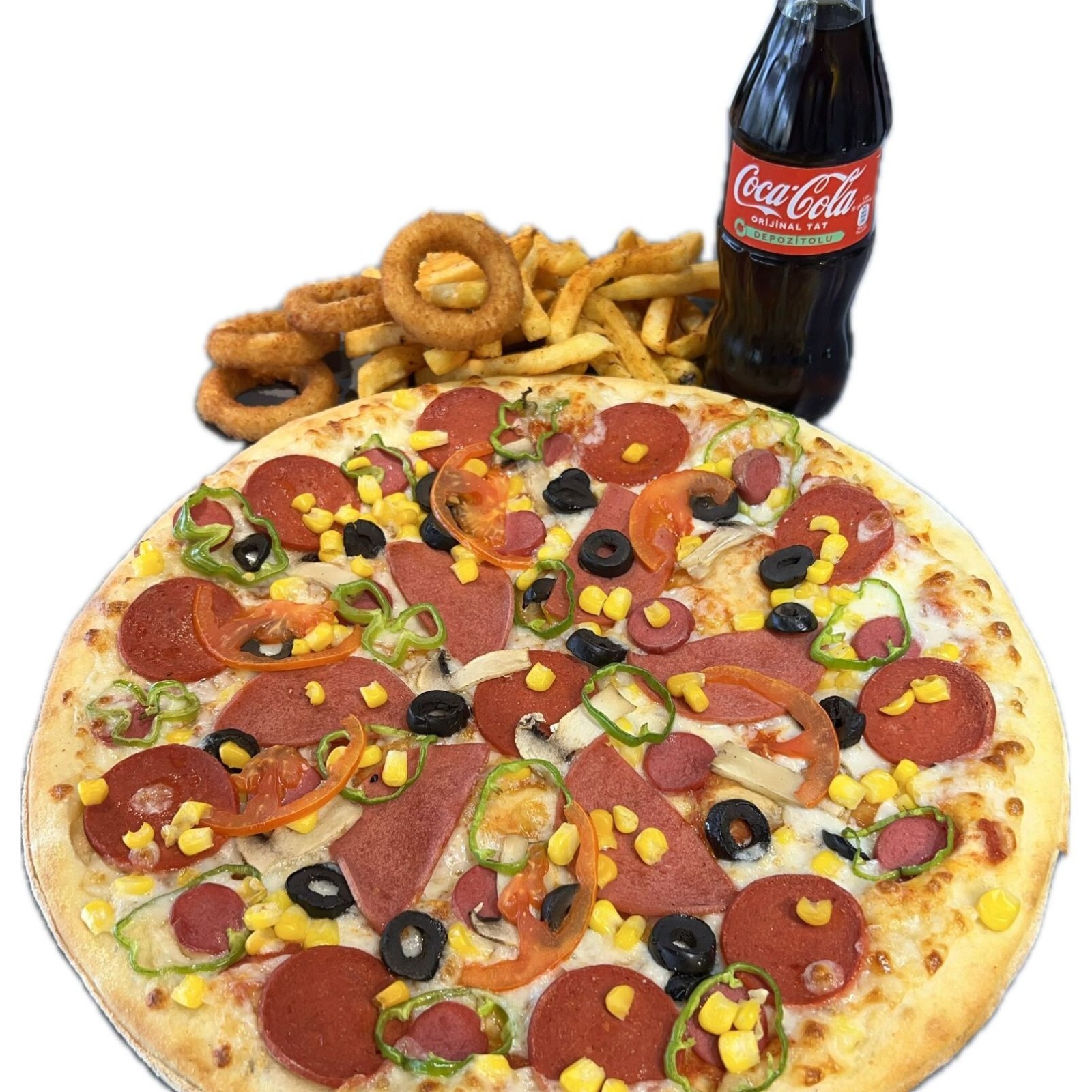 Menü 4 Orta Boy Pizza + Patates Kızartması + 4 Adet Soğan Halkası+ Şişe Kola