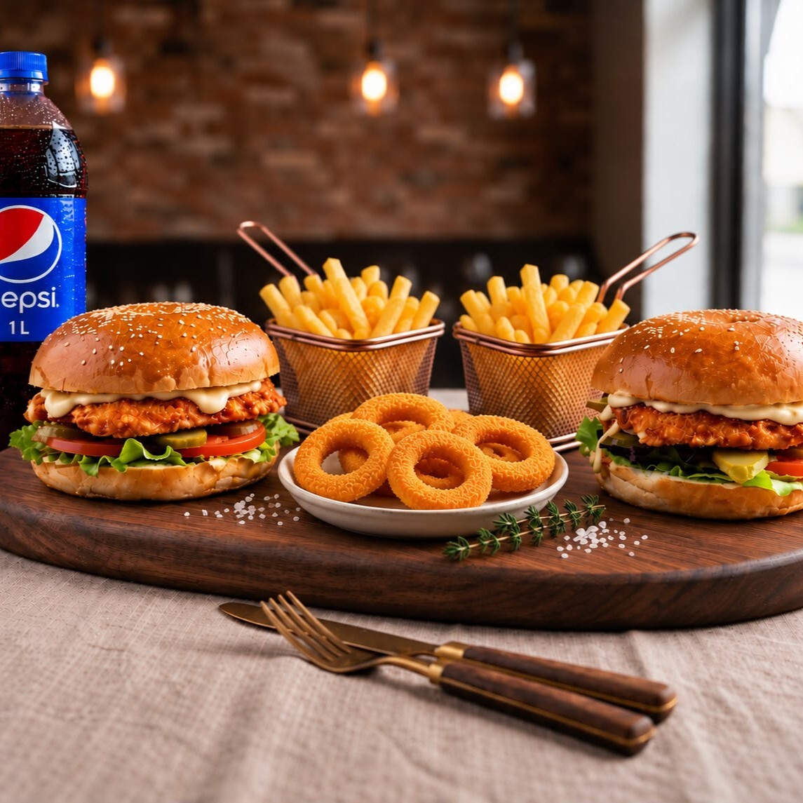 2 Adet Chicken Burger + 2 Adet Patates + 4 Adet Soğan Halkası + 1 lt Pepsi