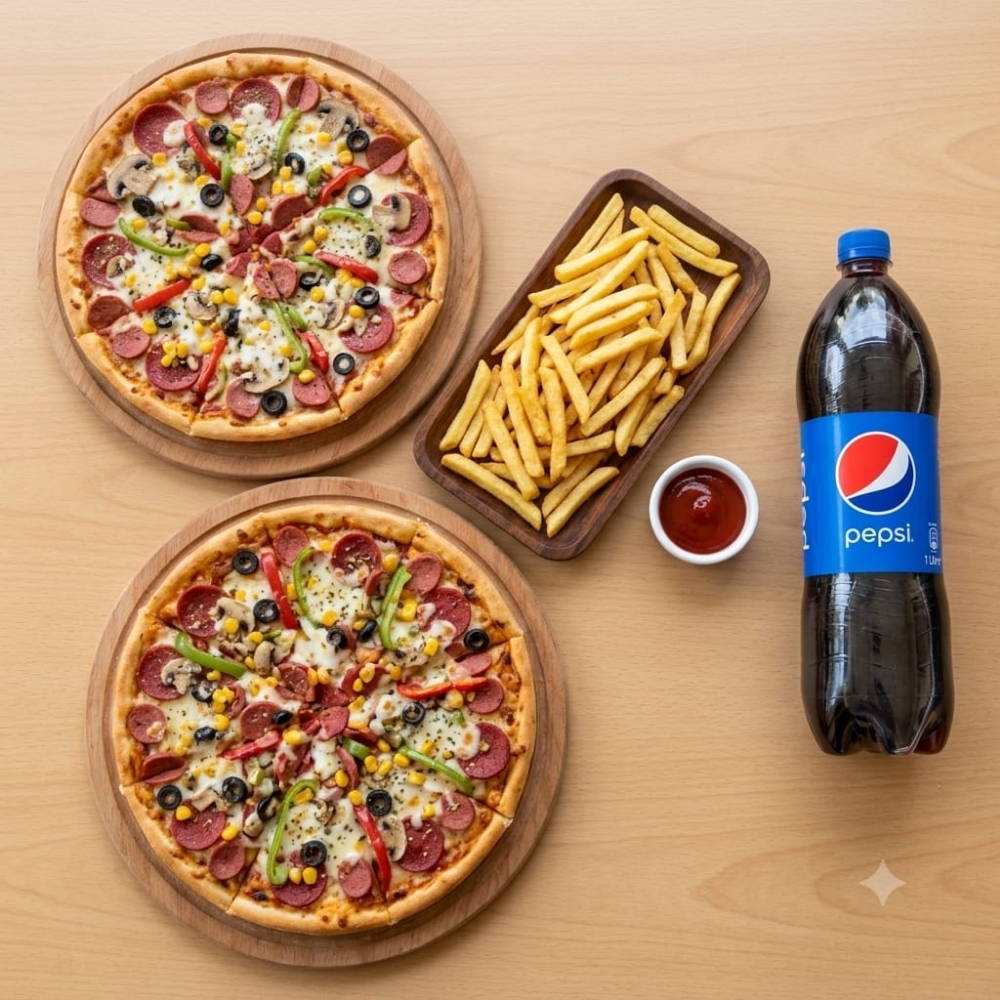 2 Adet Orta Boy Karışık Pizza + 200 Gr Patates+Lt Pepsi