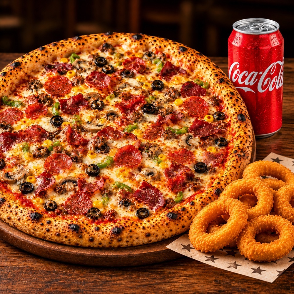 1 Adet Karışık Pizza + Soğan Halkası + Cola