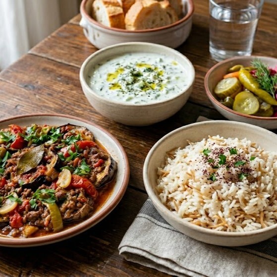 Patlıcan Musakka& Pilav & Cacık