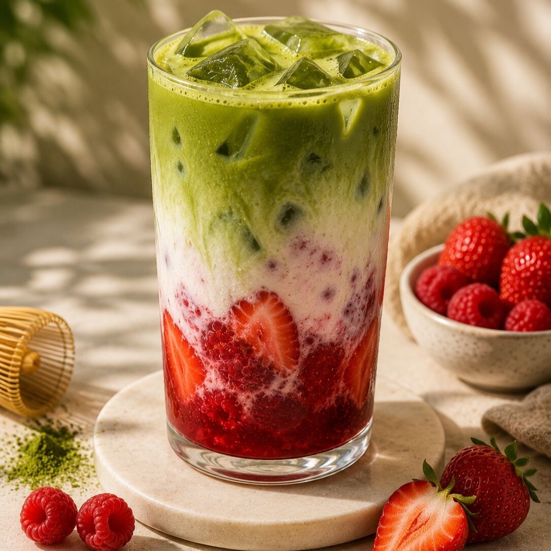 Iced Raspberry & Strawberry Matcha Latte