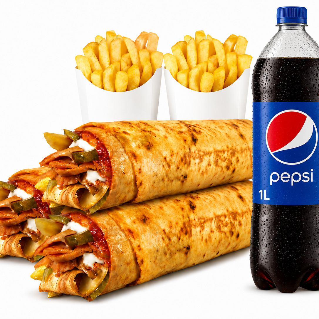 3 Adet Tavuk Döner Dürün + 3 Adet Patates + 1 Litre Pepsi Kola