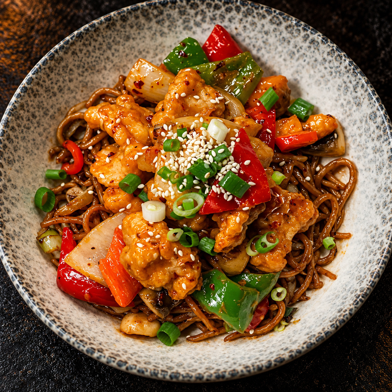 Sebzeli Noodle üstü Acılı Mantarlı Tavuk