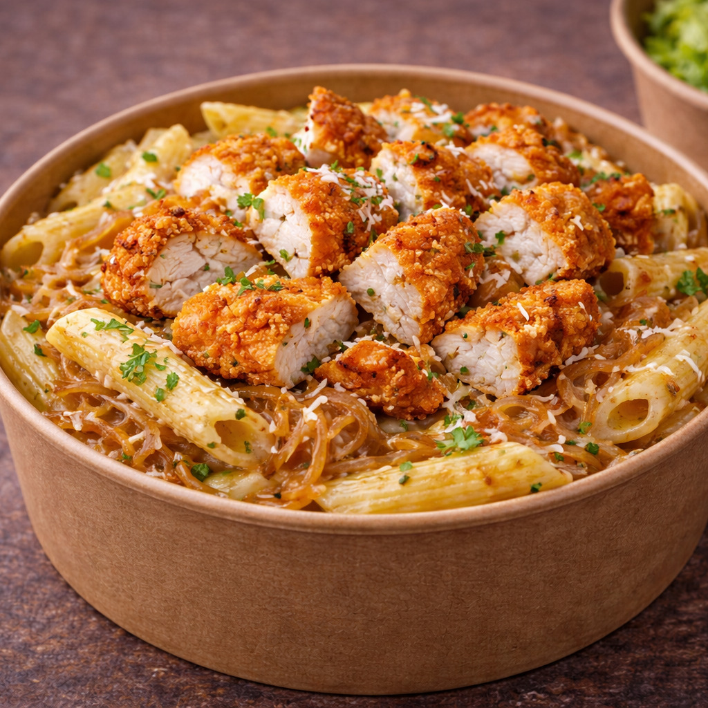 Çıtır Tavuklu Karamelize Soğanlı Penne