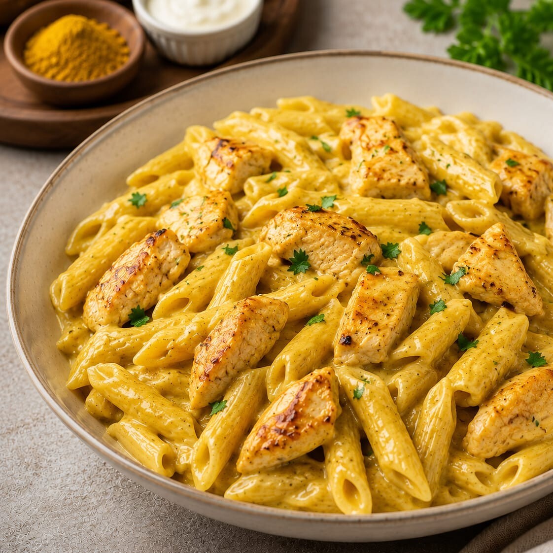 Tavuk Köri Soslu Kremalı Penne Makarna