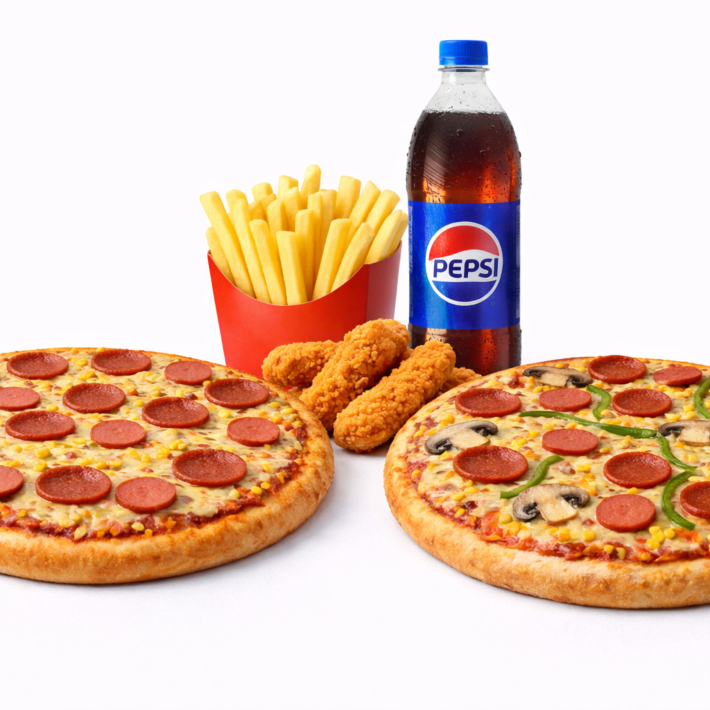 2 Küçük Pizza & Patates & Çıtır Tavuk & İçecek (1 L)