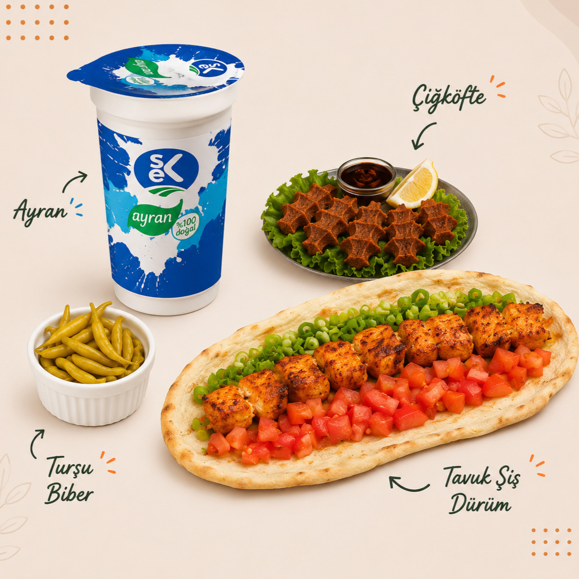 Tavuk Şiş Dürüm + Ayran + Çiğ Köfte + Turşu Biber