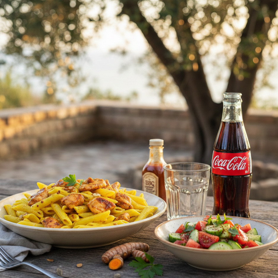 Zerdeçallı Makarna + BBQ Tavuk + Salata + Coca Cola (330 ml)