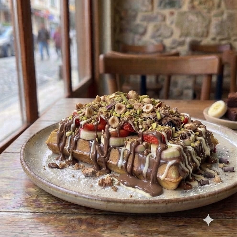 Sütlü Çikolatalı Muzlu & Çilekli Brüksel Waffle