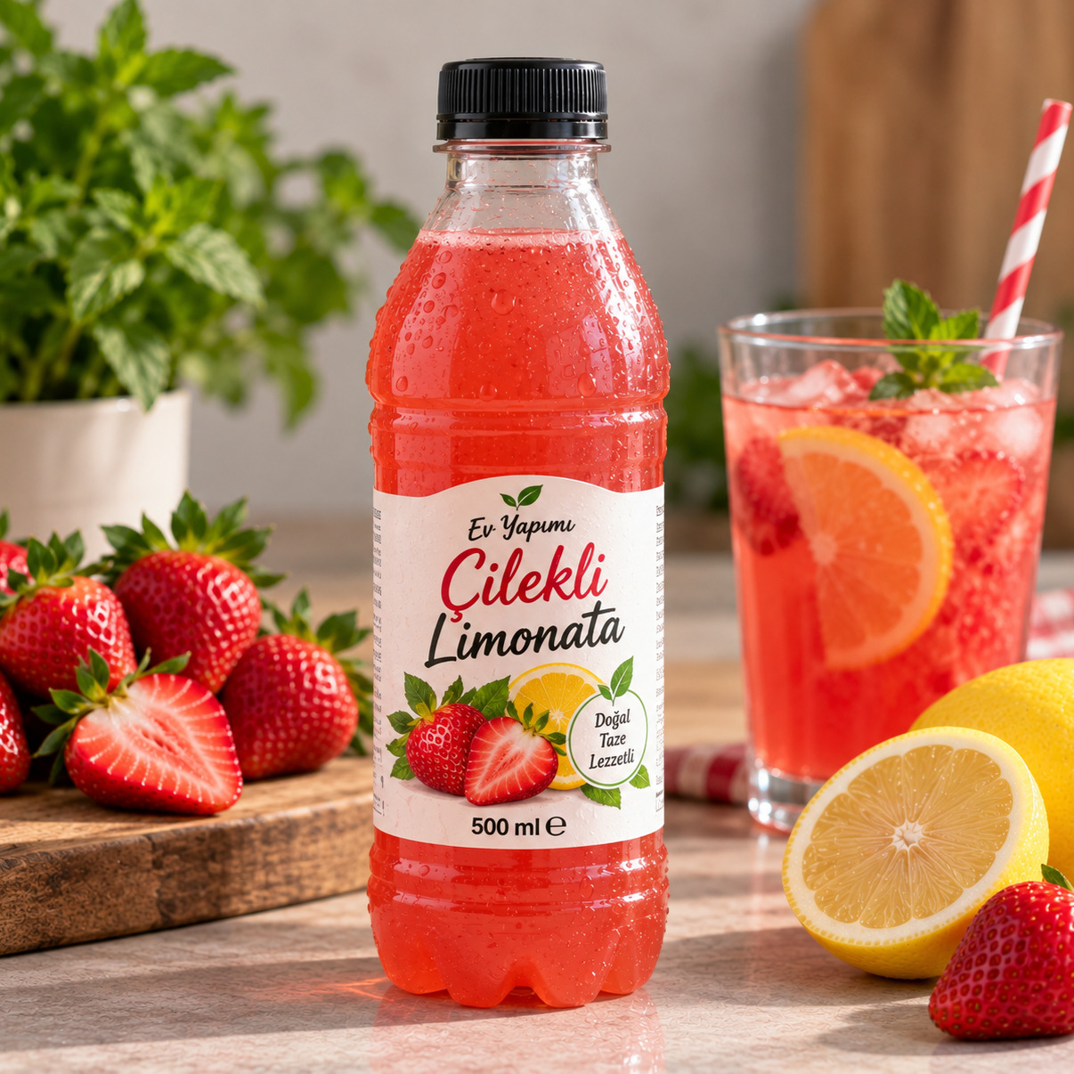 Ev Yapımı Çilek Aromalı Limonata 500 ml
