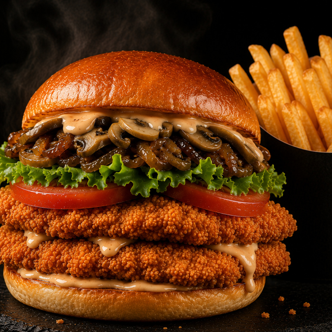 Karamelize Soğanlı Mantarlı Çıtır Tavuk Burger
