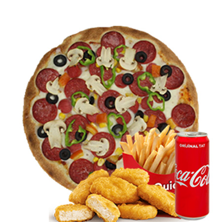 Pizza Rio Menü(küçük boy pizza+patates+kutu kola+nuget)