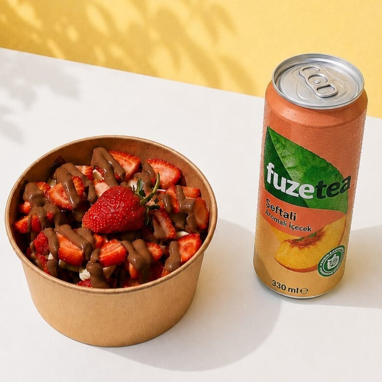Bowl Kova Taze Çilek Muz ve Soslar + 330 ml Düşer Şeftali