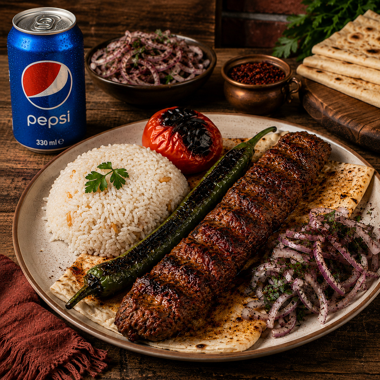 Adana Kebap Porsiyon + Pepsi Cola (330 ml) Menü