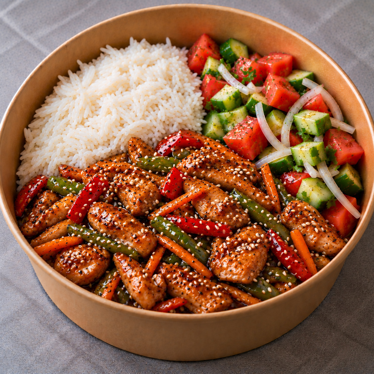 Pilav & Susamlı Soya Soslu Tavuk & Çoban Salata Bowl
