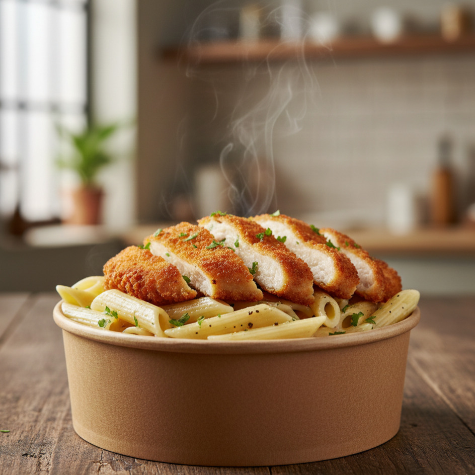 Penne Makarna Üstü Kaşarlı Şnitzel
