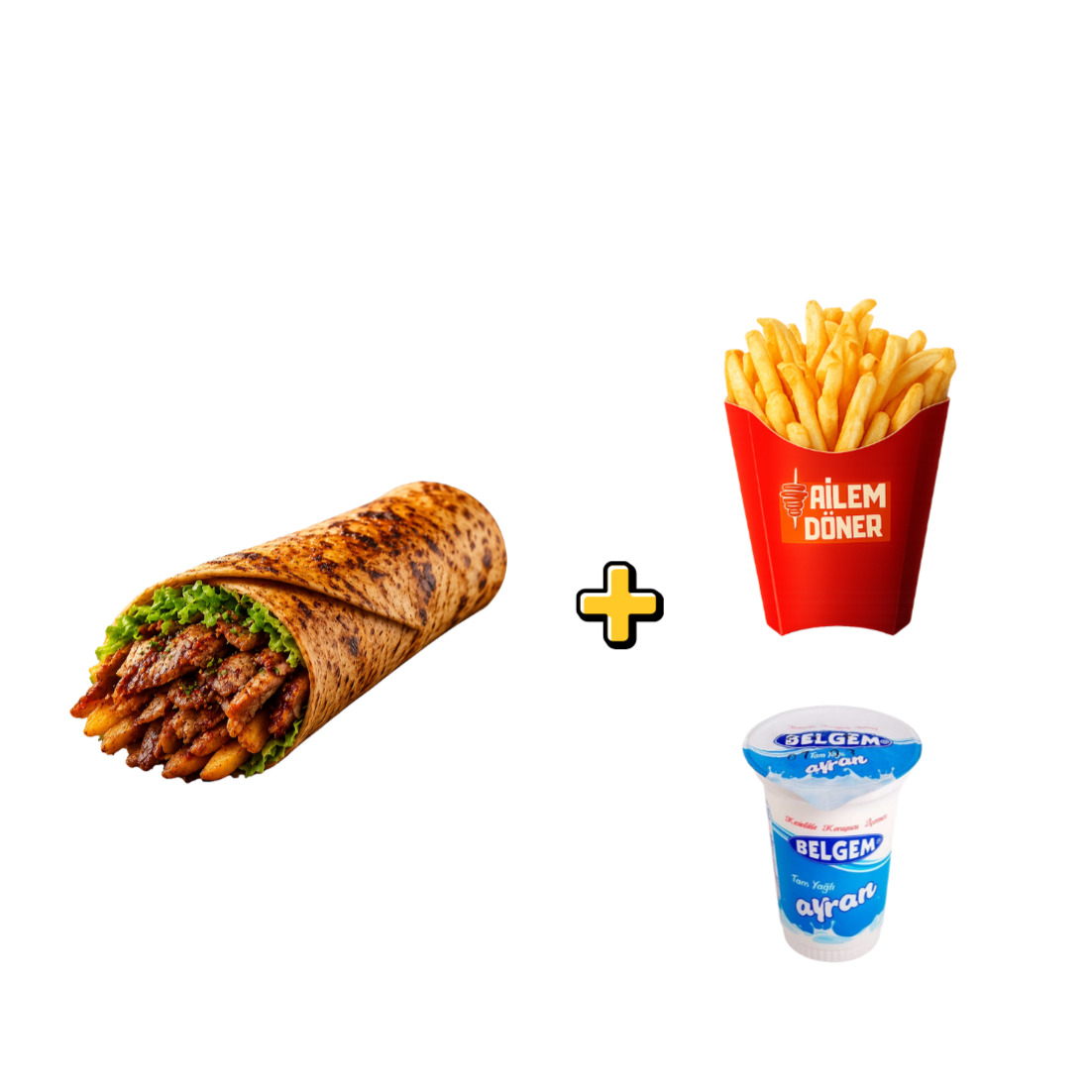 Hatay Usulü Tavuk Döner Dürüm + Patates Kızartması + Ayran Menü