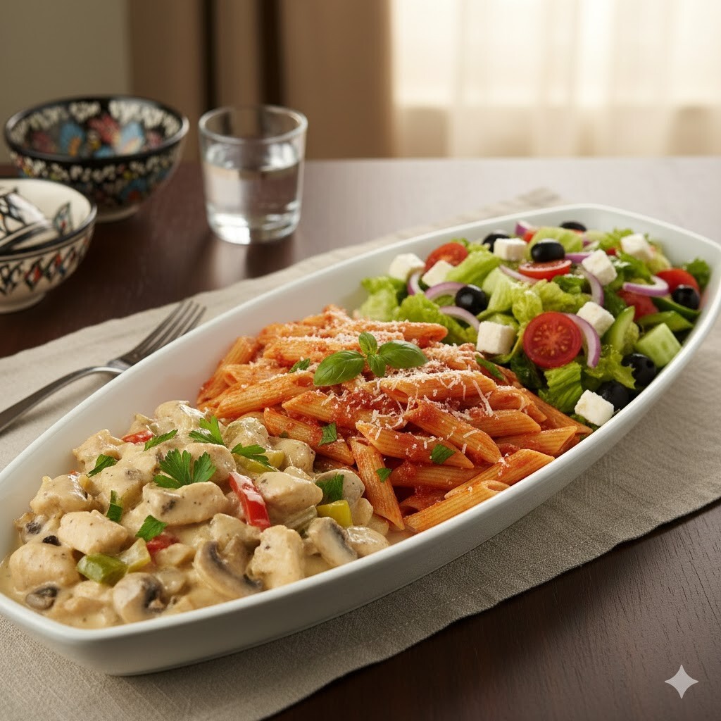 Kremalı mantarlı Tavuk & Makarna & Salata