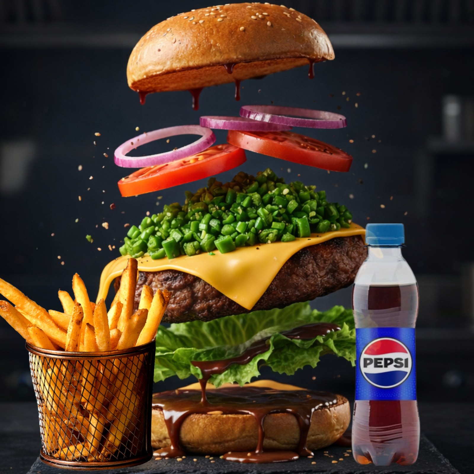 Green Chile Cheeseburger, Patates Kızartması, İçecek (250 ml)