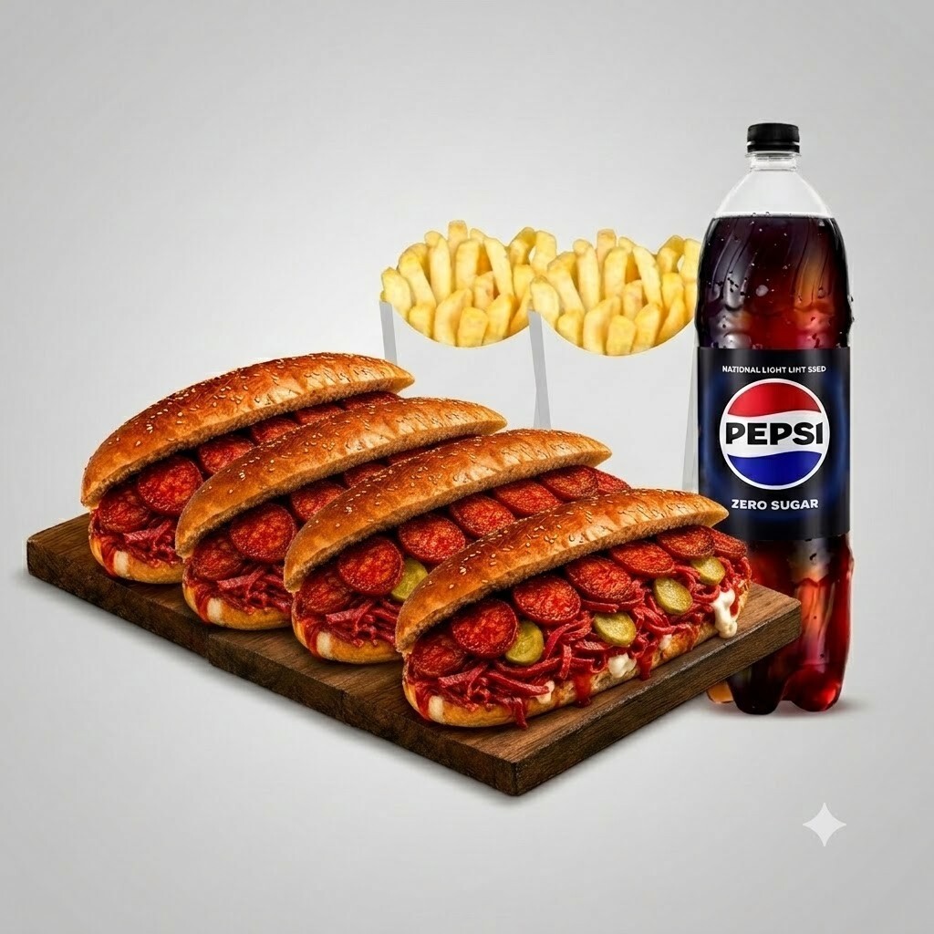🌯 4 Adet İzmir Kumrusu + 2 Porsiyon Patates + 1 L Pepsi