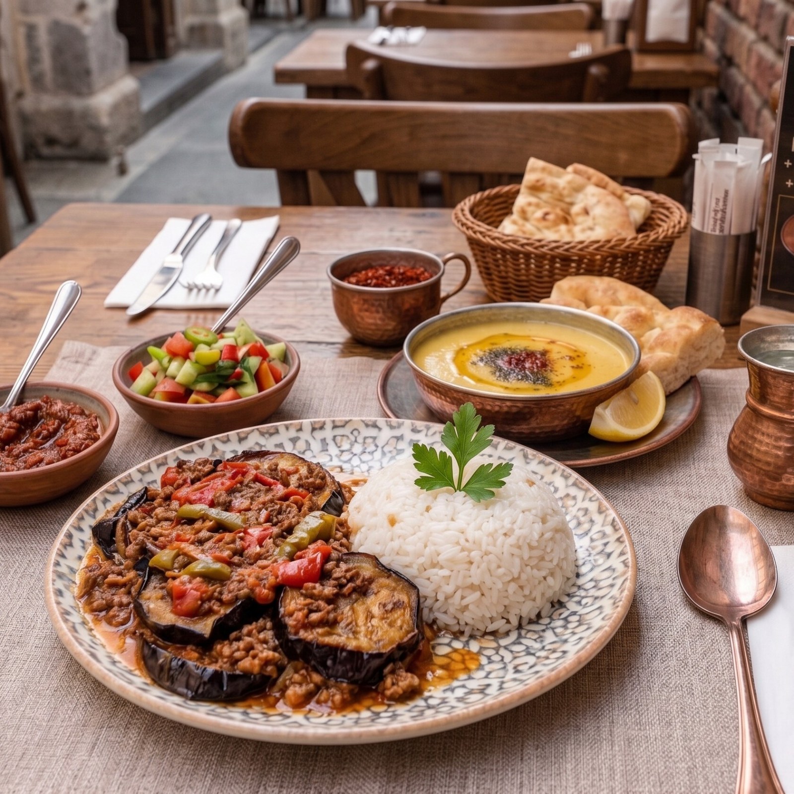 Patlıcan Musakka ve Pilav + Mercimek Çorbası + Ayran
