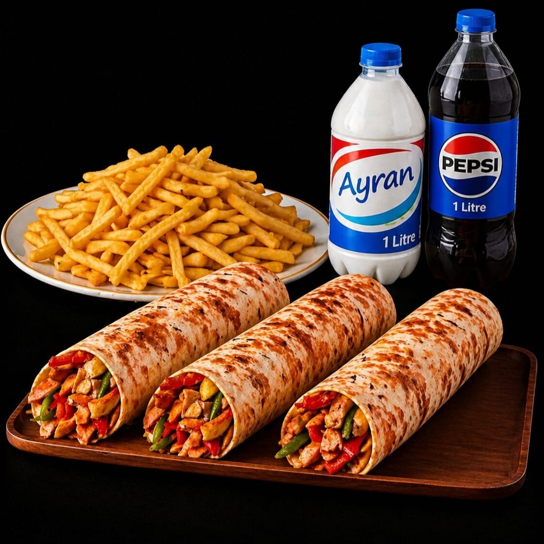 Hatay Usulü Dürüm 3'lü Menü (3 dürüm+1 aile boyu patates+1 litre ayran