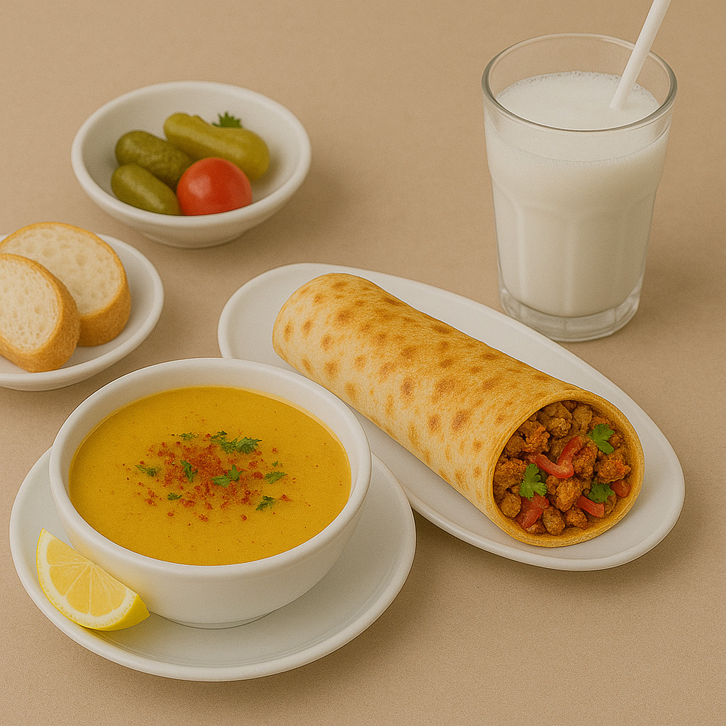 Acı Soslu Tavuk Tantuni Dürüm, Çorba ve Ayran Menü