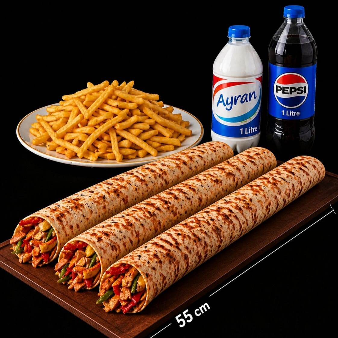 Hatay Usulü Zurna Dürüm 3'lü Menü(3 zurna+aile boyu patates+1 litre kola )