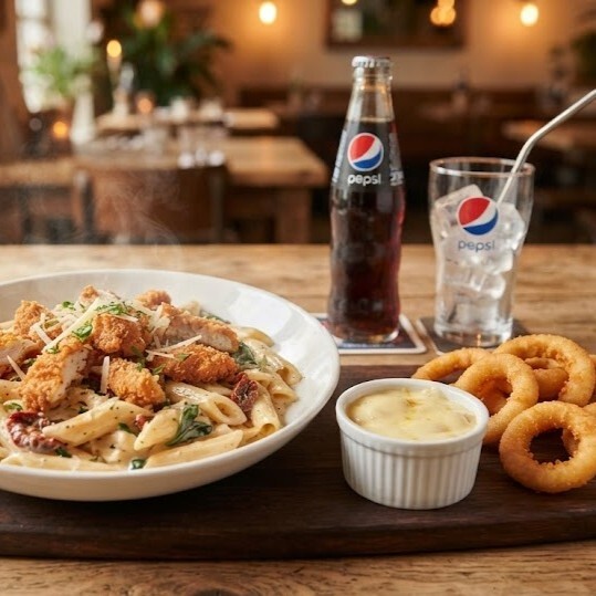 Kremalı Çıtır Tavuklu Penne ve Soğan Halkalı Menü