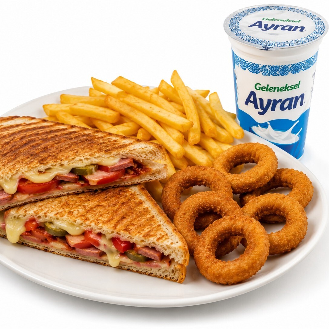Karışık Tost + Patates Kızartması + 6'lı Soğan Halkası + Ayran