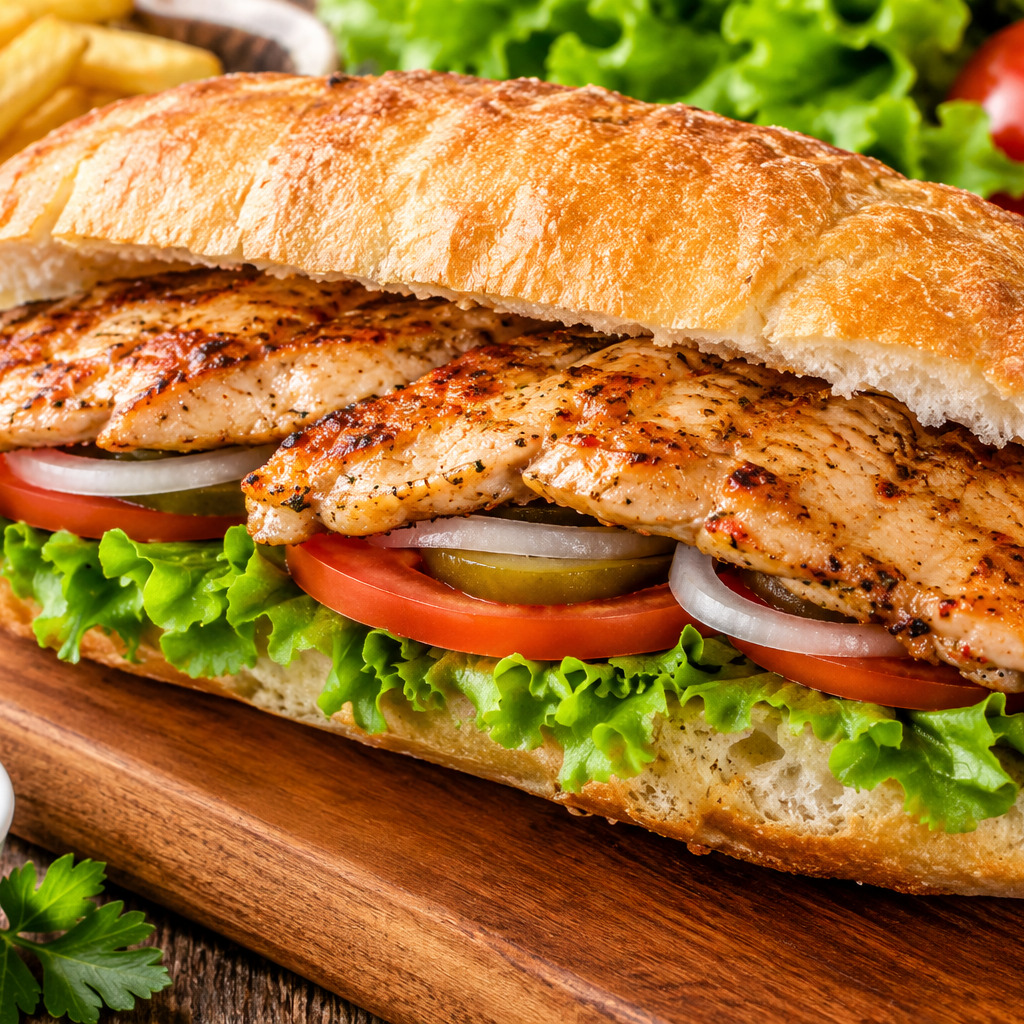 tavuk biftek 100gr 150gr ekmek arası marinasyonlu baharatlar soğan domates,yeşillik eşliğinde
