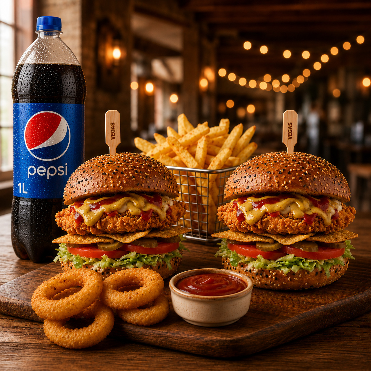 2li Chicken Burger + 2li Patates + Soğan Halkası + 1lt Pepsi Menü