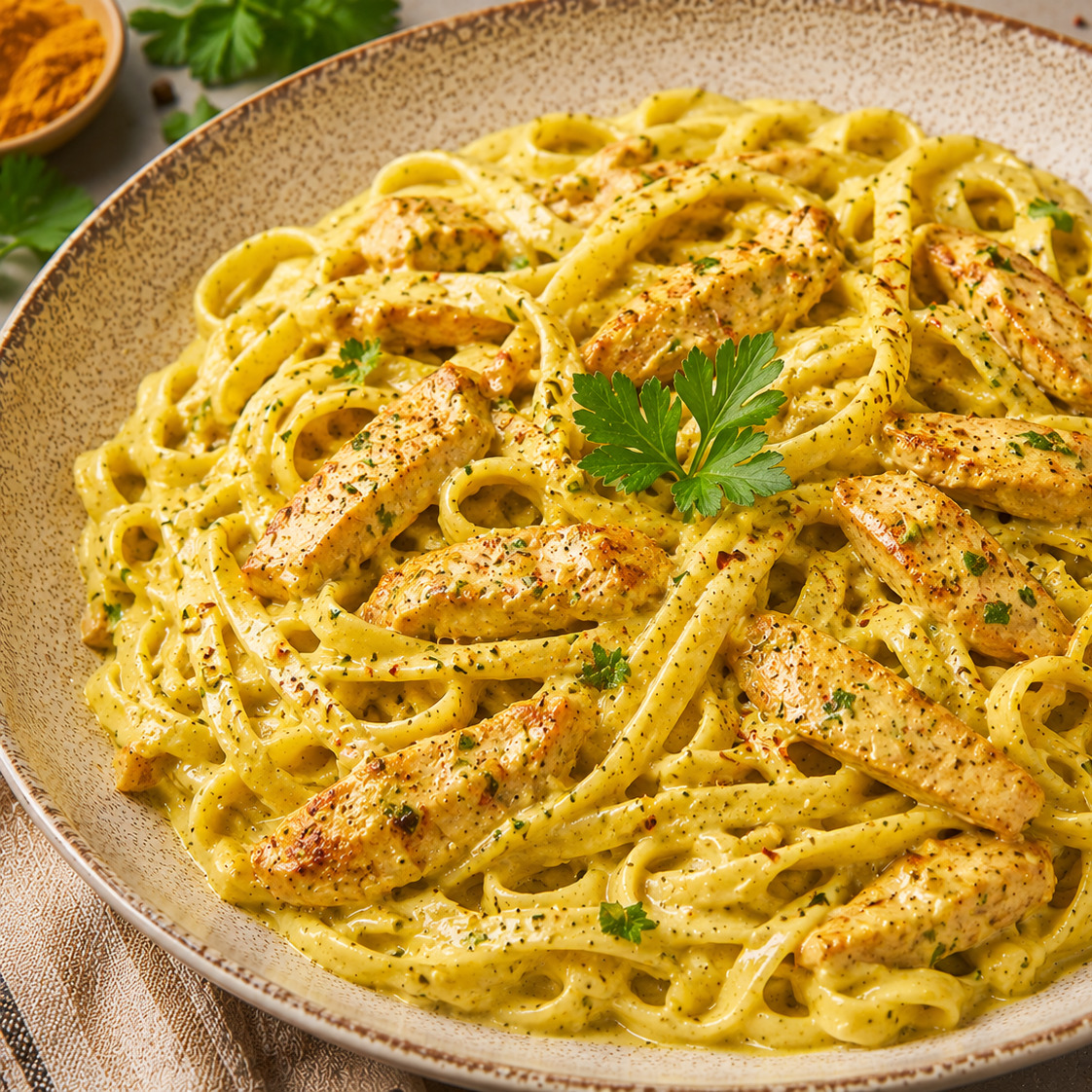 Tavuk Köri Soslu Kremalı Fettucine Makarna