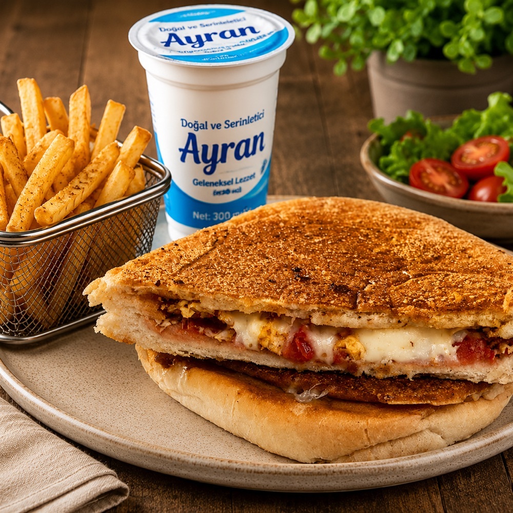 Menü Yumurtalı Sanayi Tostu Karışık, Patates, Ayran