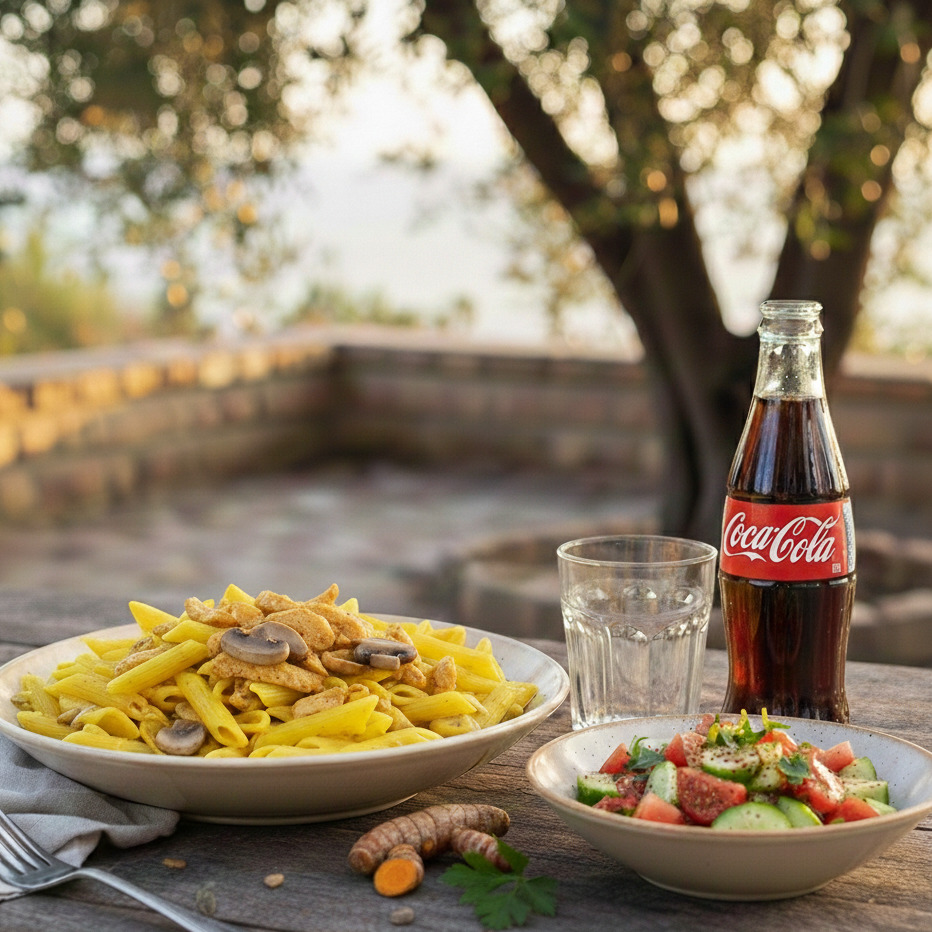 Zerdeçallı Makarna + Kremalı Mantarlı Tavuk + Salad + Coca Cola (330 ml)