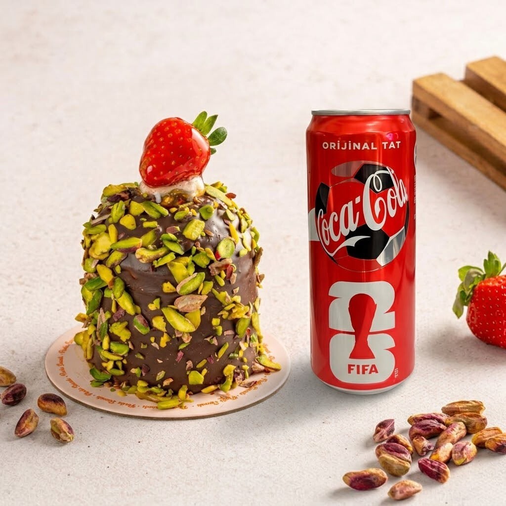 Çilekli Fıstıklı Akışkan Çikolatalı Pasta + Coca-Cola 330 Ml
