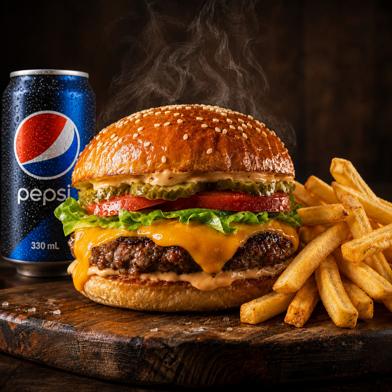 Cheese Burger + Patates + 330ml Pepsi Kola