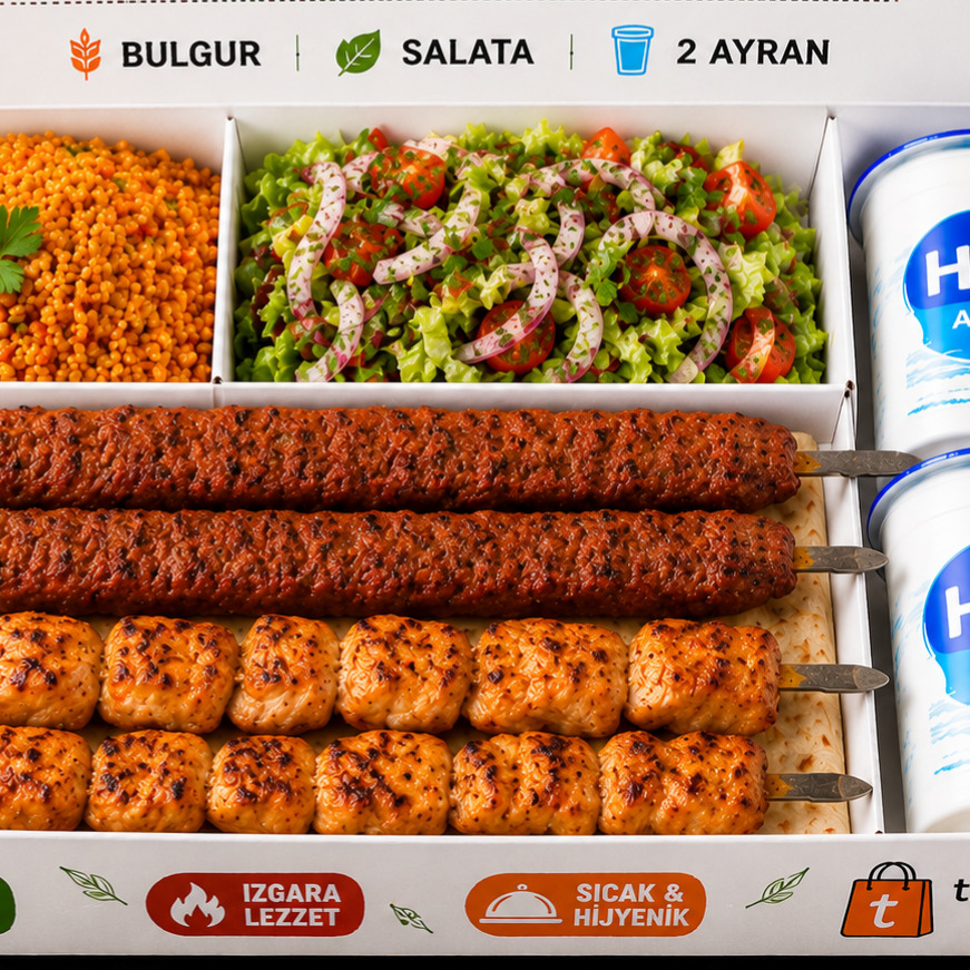 2 Adana + 2 tavuk şiş + bulgur + salata + 2 ayran
