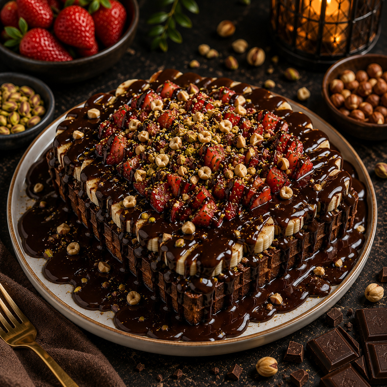 Bitter Çikolatalı Muzlu Çilekli Waffle