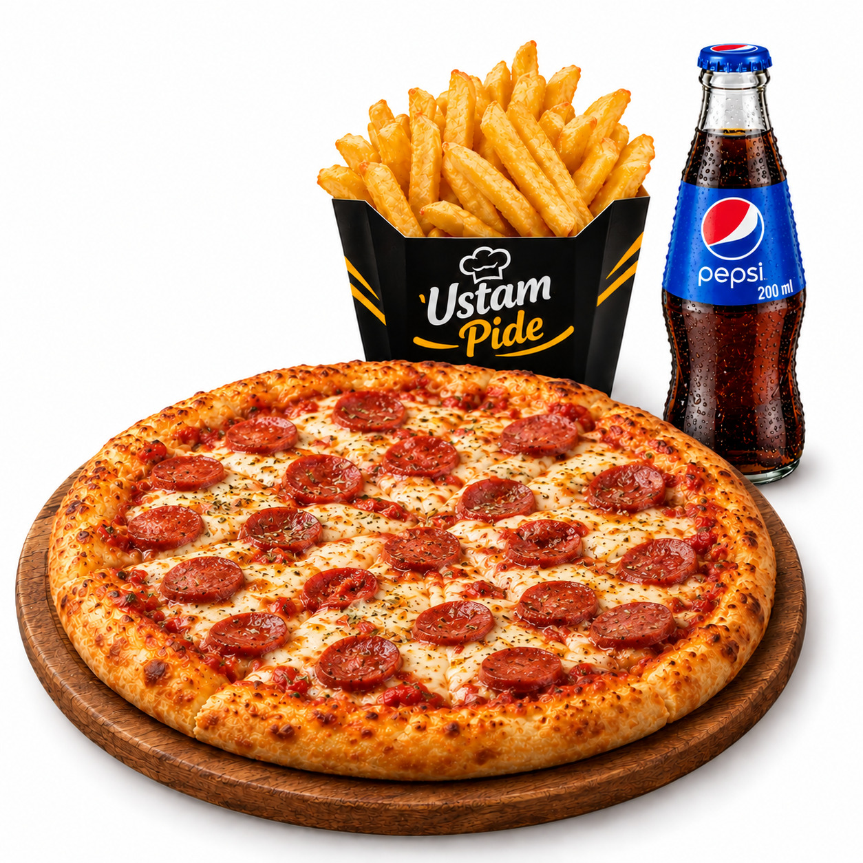 🍕🍟🥤Sosisli Pizza + Çıtır Patates + Pepsi 200 ml
