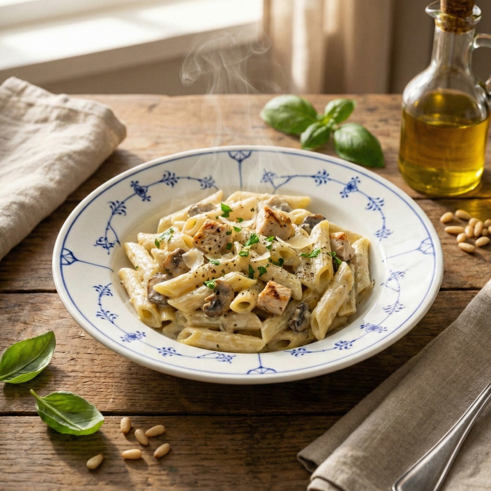 Kremalı Tavuklu Mantarlı Penne Makarna
