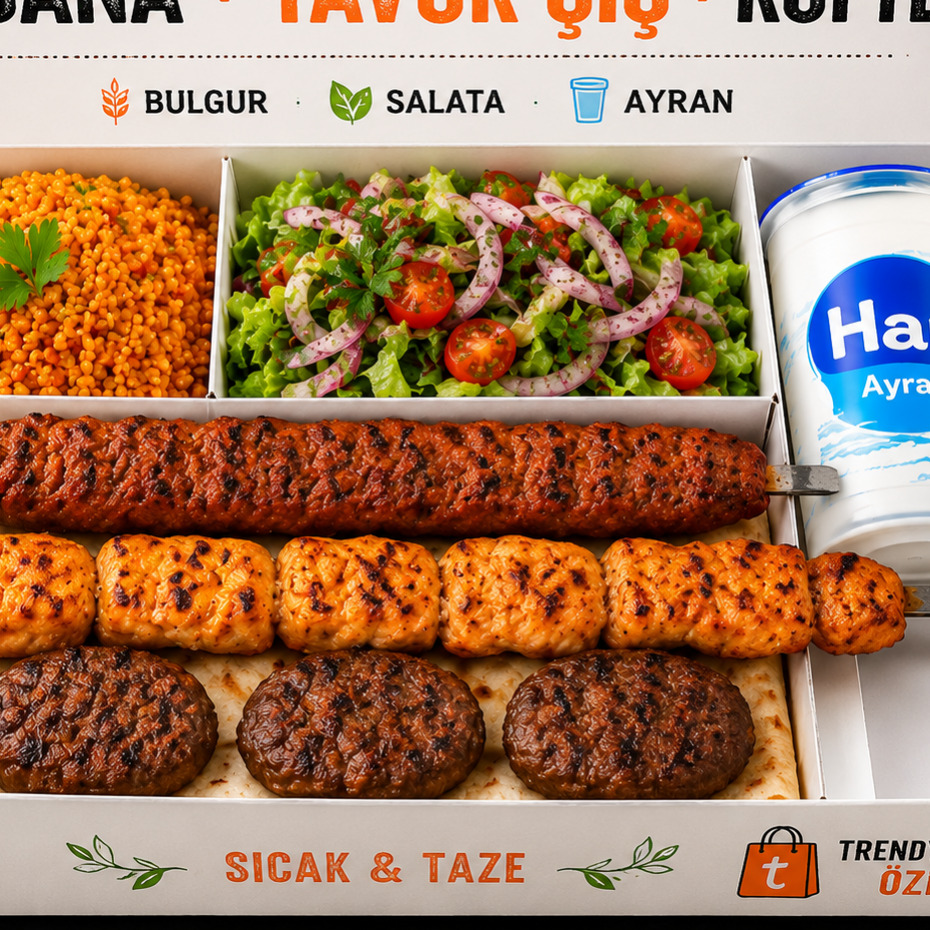 Han Karışık – Adana + tavuk şiş + köfte + bulgur + salata + ayran