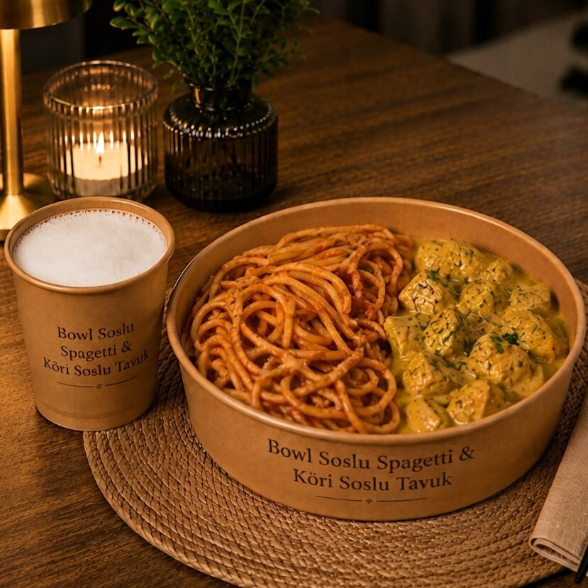 XXL Bowl Soslu Spagetti & Köri Soslu Tavuk + Ayran